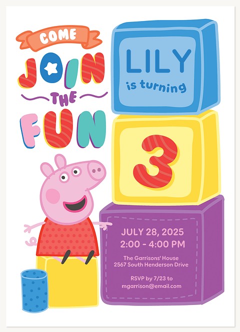 Peppa Pig Block Party Kids Birthday Invitations