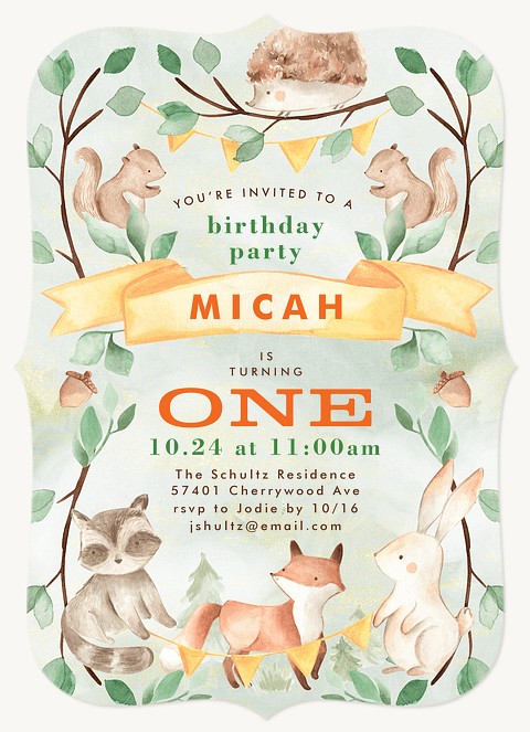 Woodland Creatures First Birthday Invitations