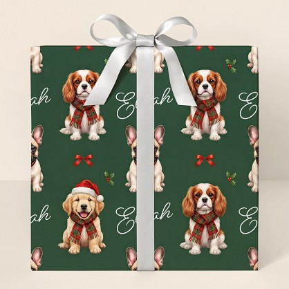 Personalized Christmas Puppies in Plaid Scarves Wrapping Paper