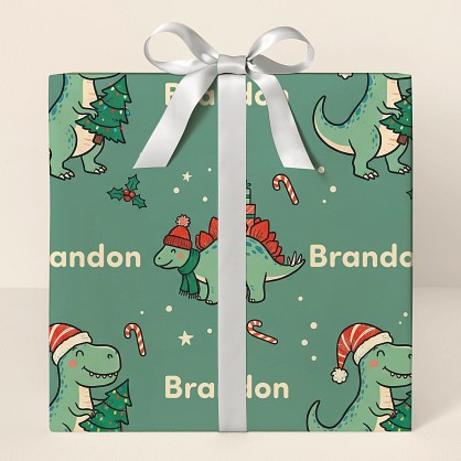 Personalized Christmas Dinosaur Kids Wrapping Paper