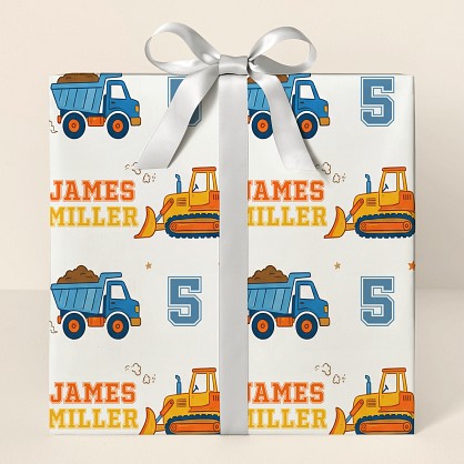 Personalized Construction Trucks Kids Wrapping Paper