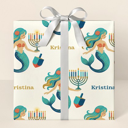 Personalized Hanukkah Mermaid Vintage Pattern Wrapping Paper