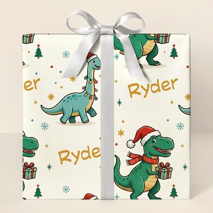Personalized Christmas Dinosaur Retro Kids Wrapping Paper