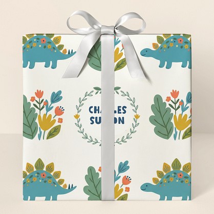 Personalized Dinosaur Floral Garden Wrapping Paper