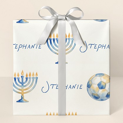Personalized Hanukkah Soccer Watercolor Wrapping Paper