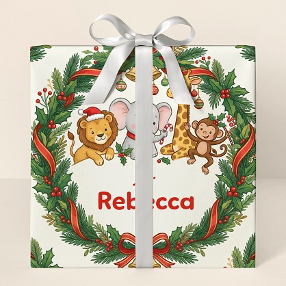 Personalized Christmas Safari Animals Wreath Wrapping Paper
