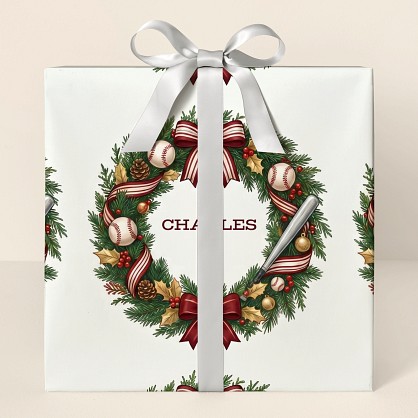 Personalized Baseball Christmas Wreath Wrapping Paper