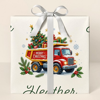 Personalized Christmas Construction Truck Wrapping Paper