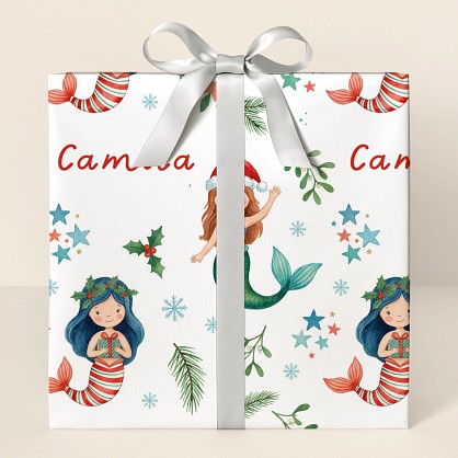 Personalized Christmas Mermaid Watercolor Wrapping Paper