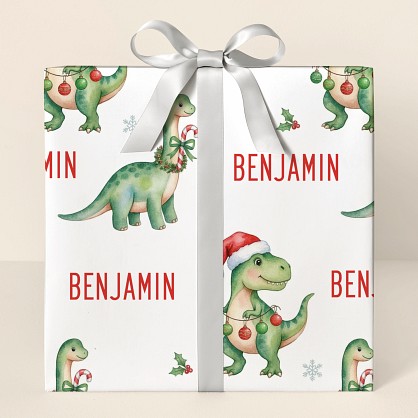 Personalized Christmas Dinosaur Watercolor Wrapping Paper