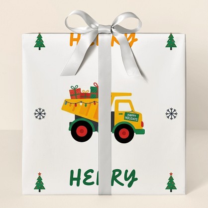 Personalized Christmas Construction Trucks Wrapping Paper