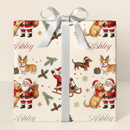 Personalized Santa and Dogs Christmas Wrapping Paper