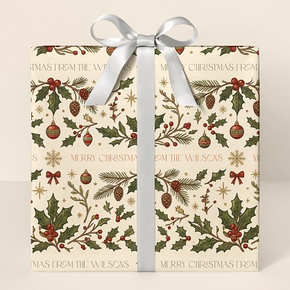 Vintage Christmas Holly & Ornaments Personalized Wrapping Paper