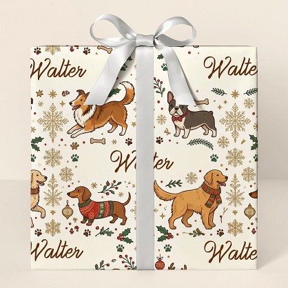 Personalized Christmas Dogs & Snowflakes Wrapping Paper