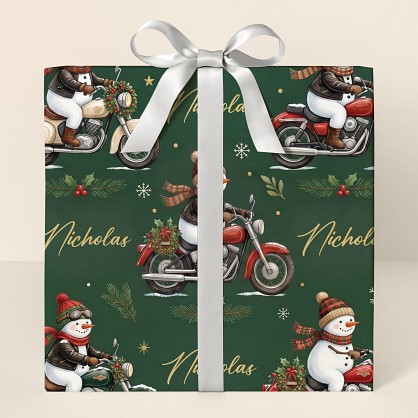 Personalized Motorcycle Snowmen Christmas Wrapping Paper