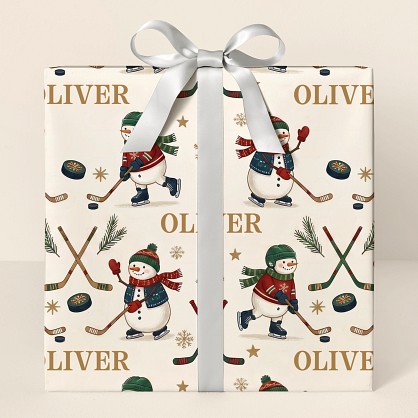 Personalized Hockey Snowmen Christmas Wrapping Paper