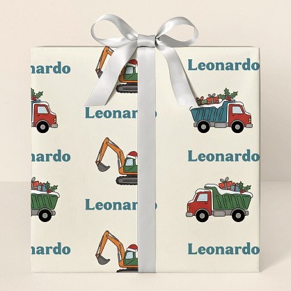 Personalized Christmas Construction Trucks Wrapping Paper