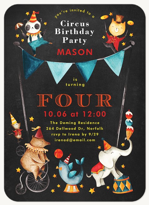 Circus Animals Kids Birthday Invitations