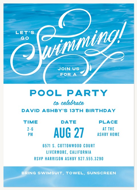 Poolside Party Teen Birthday Invitations