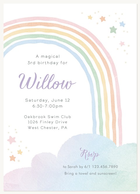 Watercolor Rainbow Kids Birthday Invitations