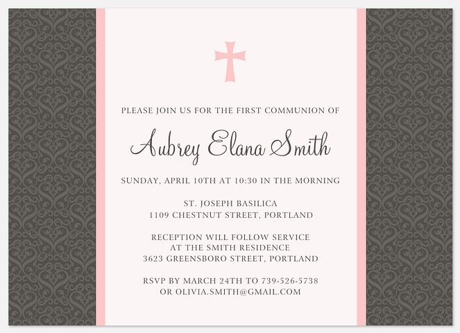 Pink Silver Cross First Communion Invitations