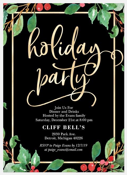 Midnight Holly Holiday Party Invitations