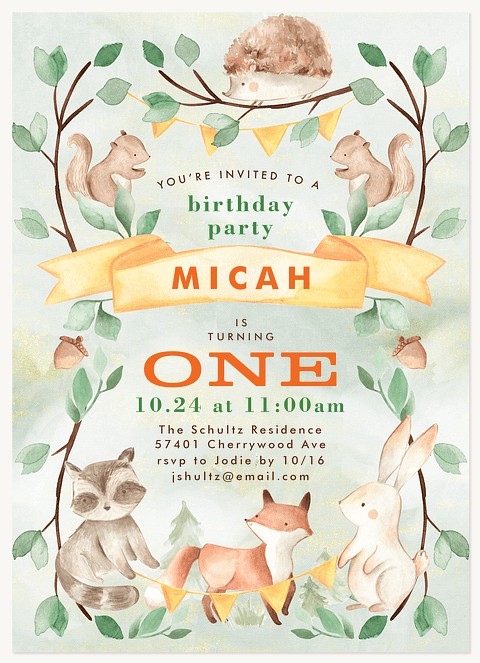 Woodland Creatures First Birthday Invitations