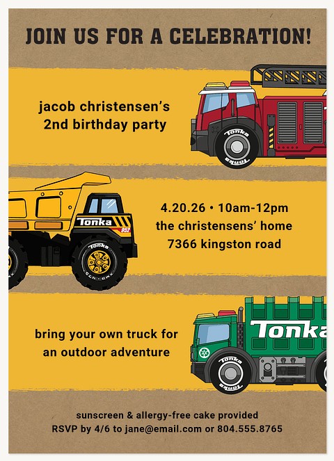 Tonka Trio Kids Birthday Invitations
