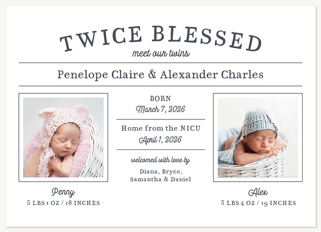 Twice Blessed Twin Birth Announcements