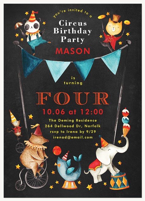 Circus Animals Kids Birthday Invitations