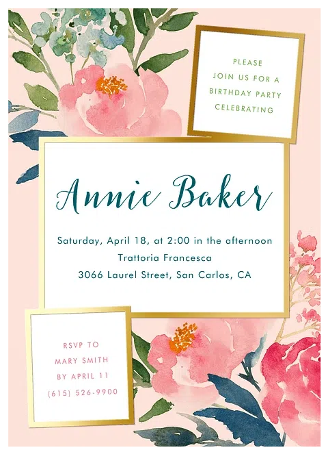 Blushing Blooms Adult Birthday Party Invitations