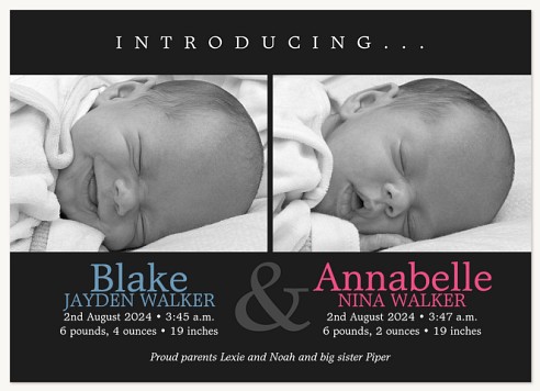 Mixed Pair Twin Birth Announcement Cards