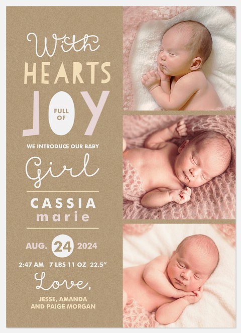 Hearts Full of Joy Baby Girl Birth Announcements