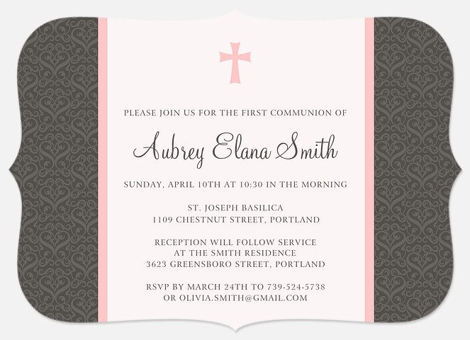 Pink Silver Cross First Communion Invitations