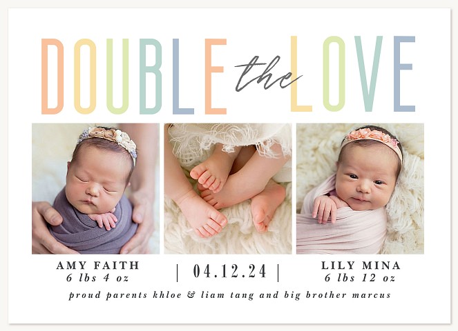 Colorful Love Twin Birth Announcements