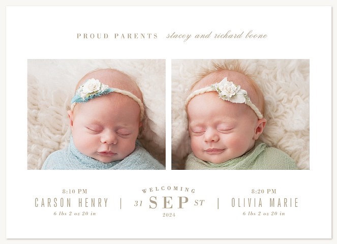 Dashing New Arrival Twin Birth Announcements