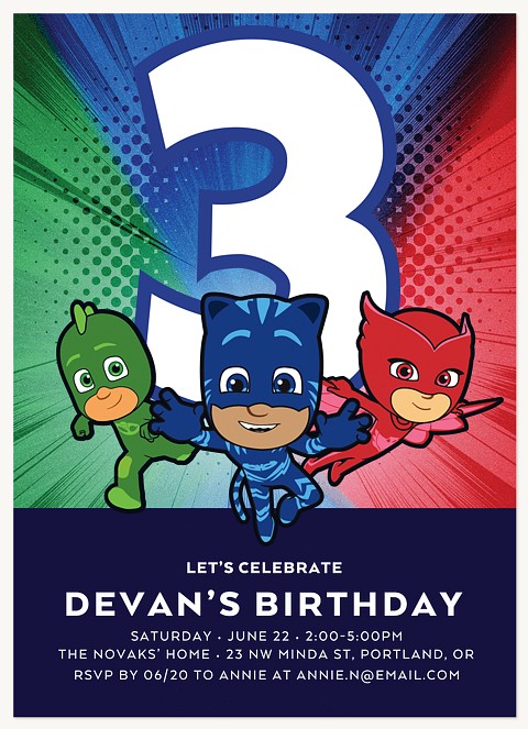 PJ Masks Super Number Kids Birthday Invitations