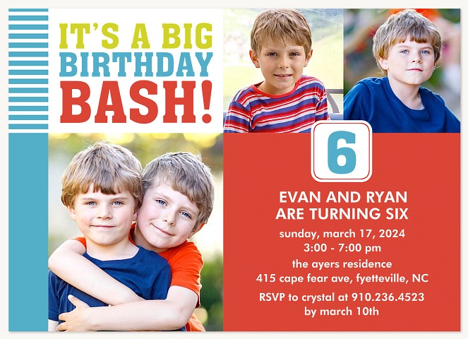 Big B-Day Bash Boy Birthday Party Invitations