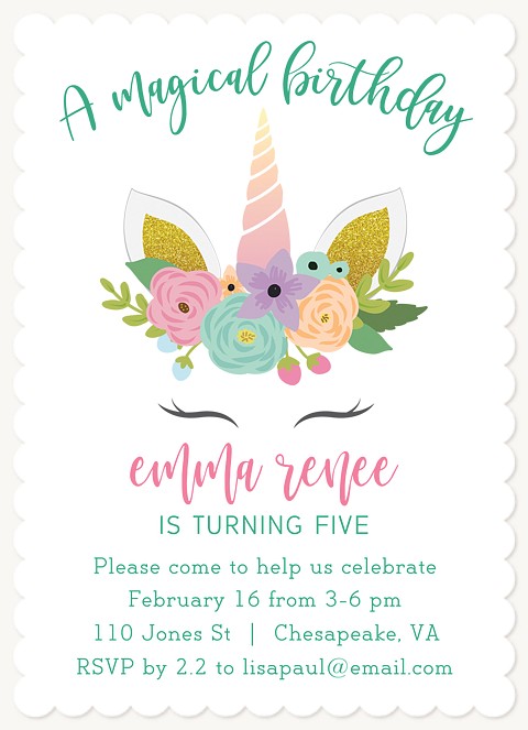 Unicorn Bouquet Girl Birthday Party Invitations