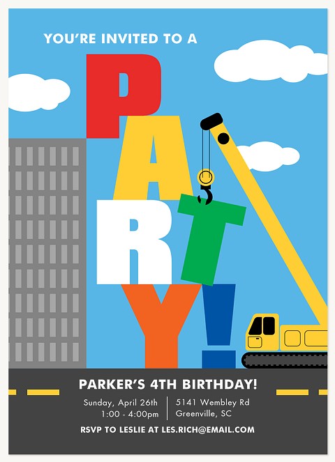 Building Party Kids Birthday Invitations